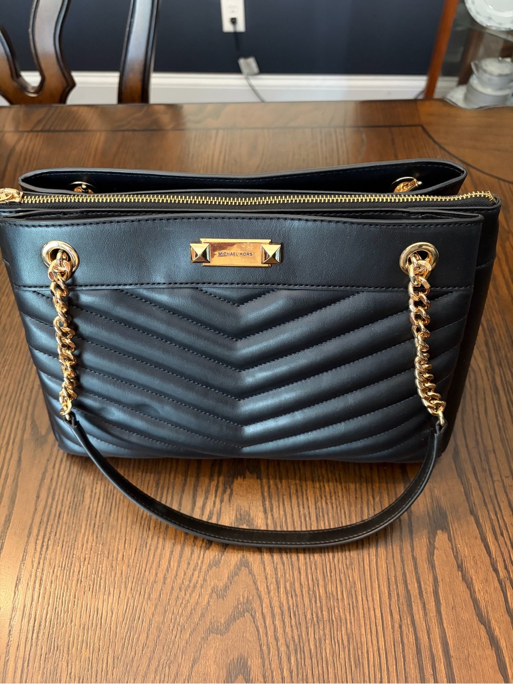 Michael Kors Black Quilted Chevron Shoulder Bag with Gold Chain